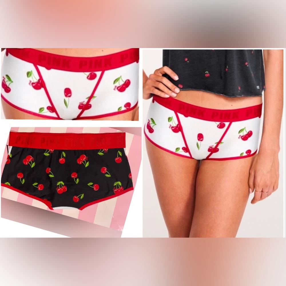 1 New Victoria’s Secret Pink panties VS PINK logo boyshort panty cherry graphic